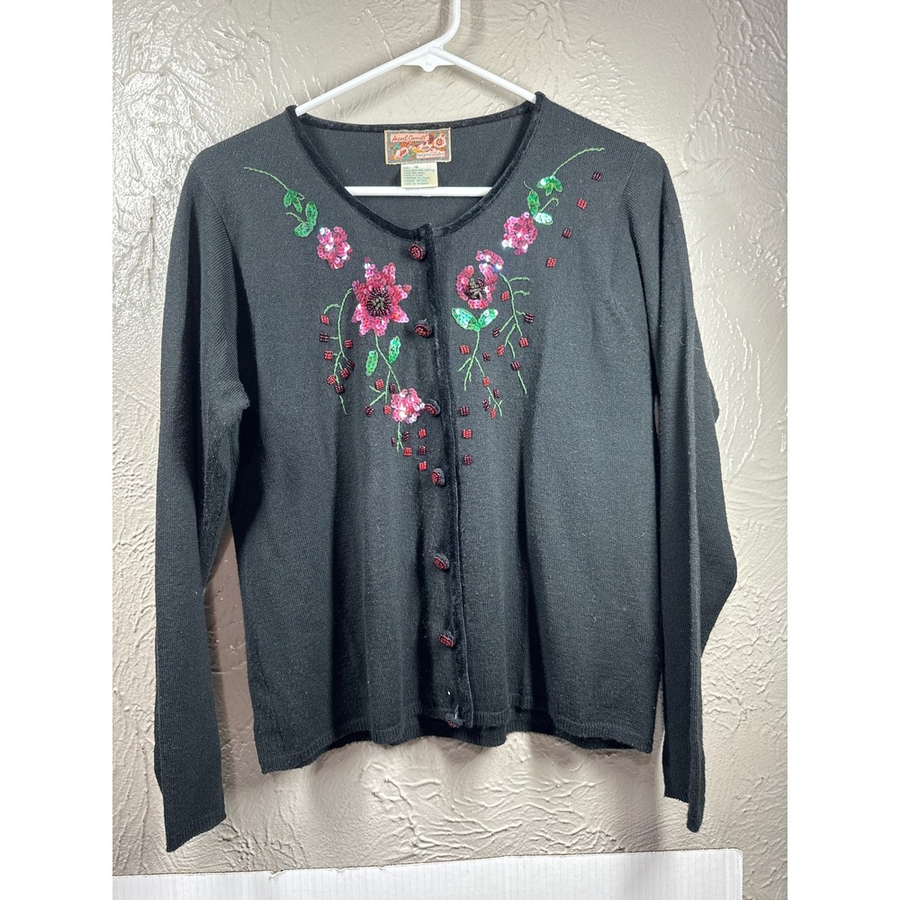 April Cornell Wool Blend Embellished Cardigan Sweater Sequins Beads Size M Black